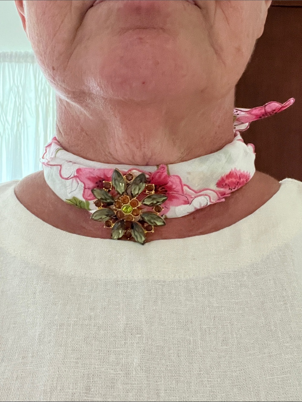 Vintage hankie and brooch - Floral Pink Scarf Choker with Leaf Cluster Brooch